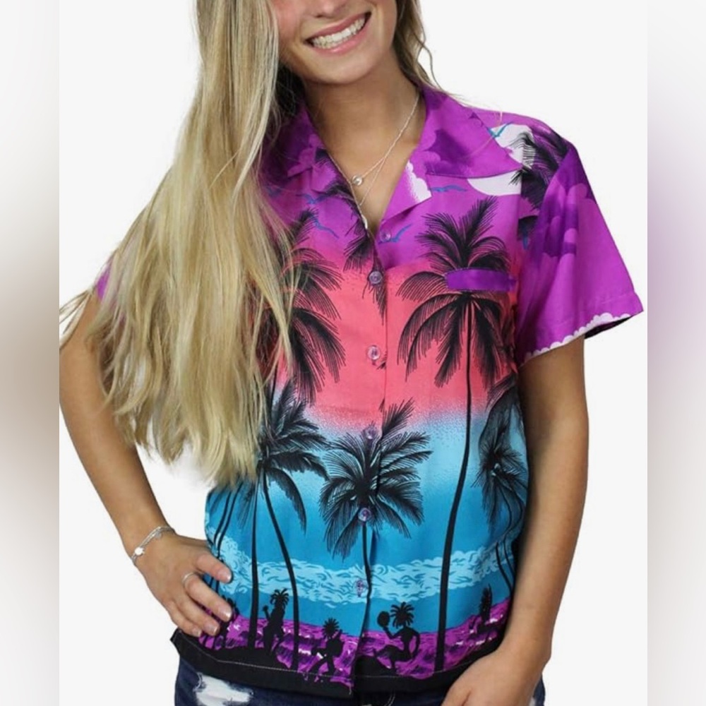 KING KAMEHA Casual Hawaiian Blouse Shirt Women Front Pocket Button Short…